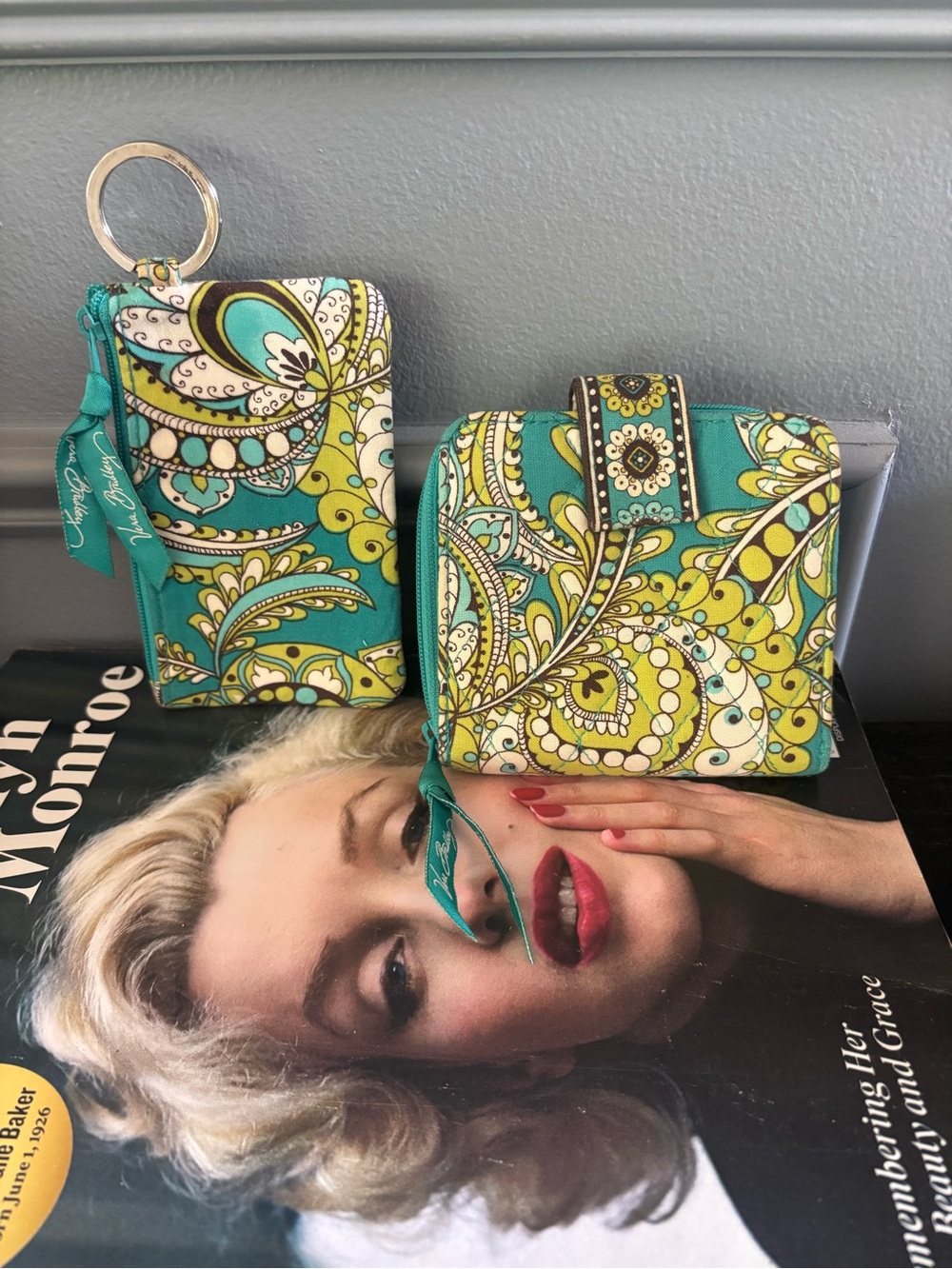 Vera Bradley bifold mini wallet and key chain Peacock